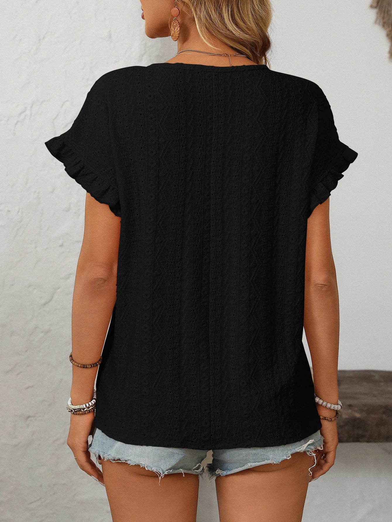 T-shirt à manches courtes et col rond pour femme, couleur unie, doux, ajouré du S au 2XL