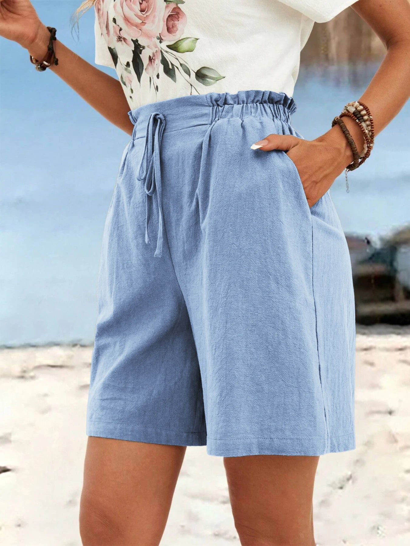 Short en lin de couleur unie pour femmes, short de sport décontracté, pantalon trois-quarts avec cordon de serrage, printemps et été MAEJORKEN