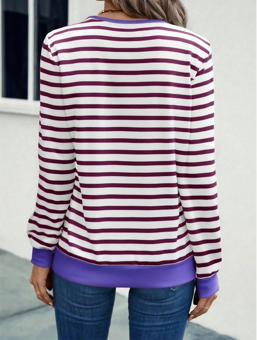 Nouvelle Collection Automne 2026 – T-shirt Femme Décontracté et Confortable à Rayures Colorées, Col en V, Manches Longues MAEJORKEN