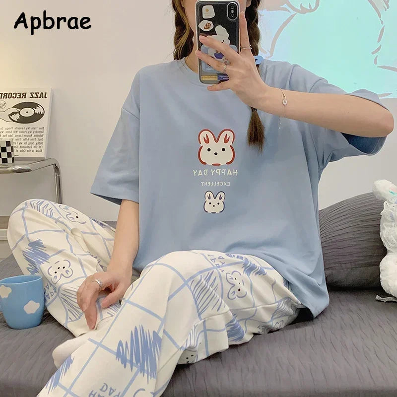 Pyjama doux en coton à manches courtes et pantalon imprimé du M au 3XL