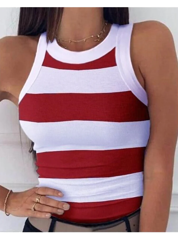 Débardeur élastique de base d'été T-shirt d'impression numérique femmes col rond dos nageur débardeur Sexy imprimé à rayures débardeur sans manches MAEJORKEN