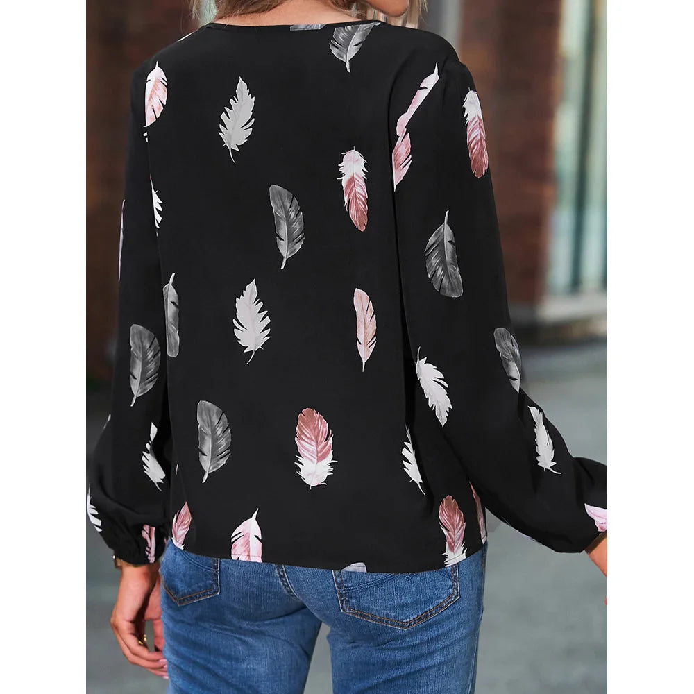 Mode femme Blouse chemises pour femmes haut élégant à manches longues motif de plumes femmes hauts élégant en mousseline de soie Mujer femme vêtements MAEJORKEN
