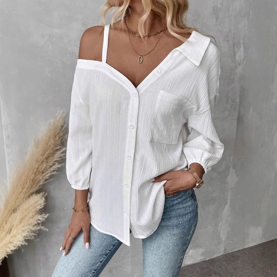 Chemise élégante pour femmes, épaules dénudées, trois quarts, chemisier sexy, décontracté, boutons unis, chemise ample, hauts de bureau pour femmes, streetwear, tuniques du S au XL MAEJORKEN