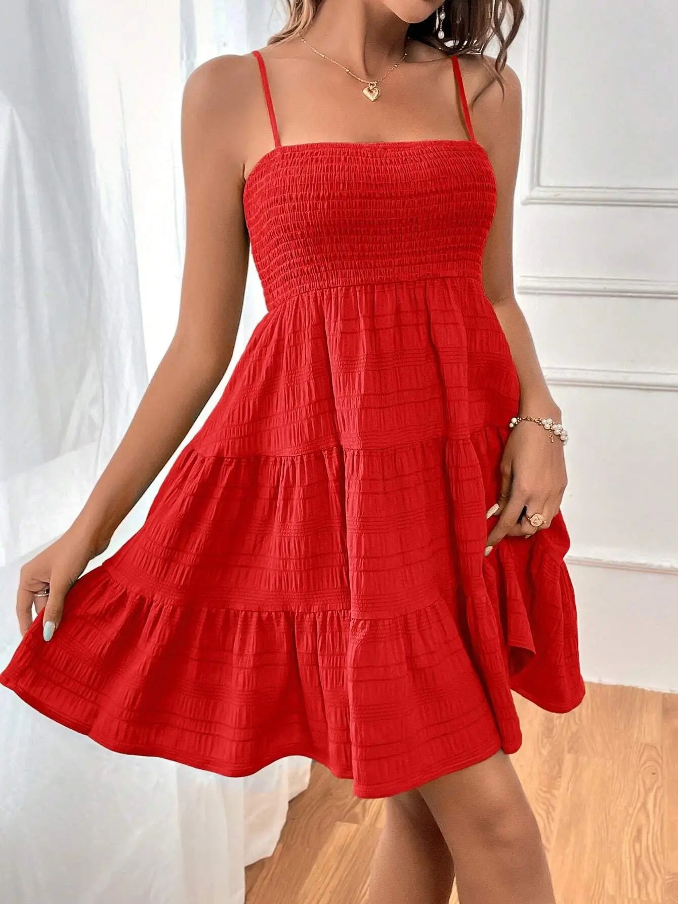 Mode femme Spaghetti sangle smocké Bustier Mini robe bleu à volants à plusieurs niveaux robe trapèze été décontracté vacances vêtements de plage du S au 2XL MAEJORKEN