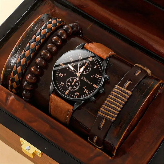 Nouveau Hommes Montre De Luxe Bracelet Ensemble Mode D'affaires Brun En Cuir Quartz ( boite non inclus ) MAEJORKEN