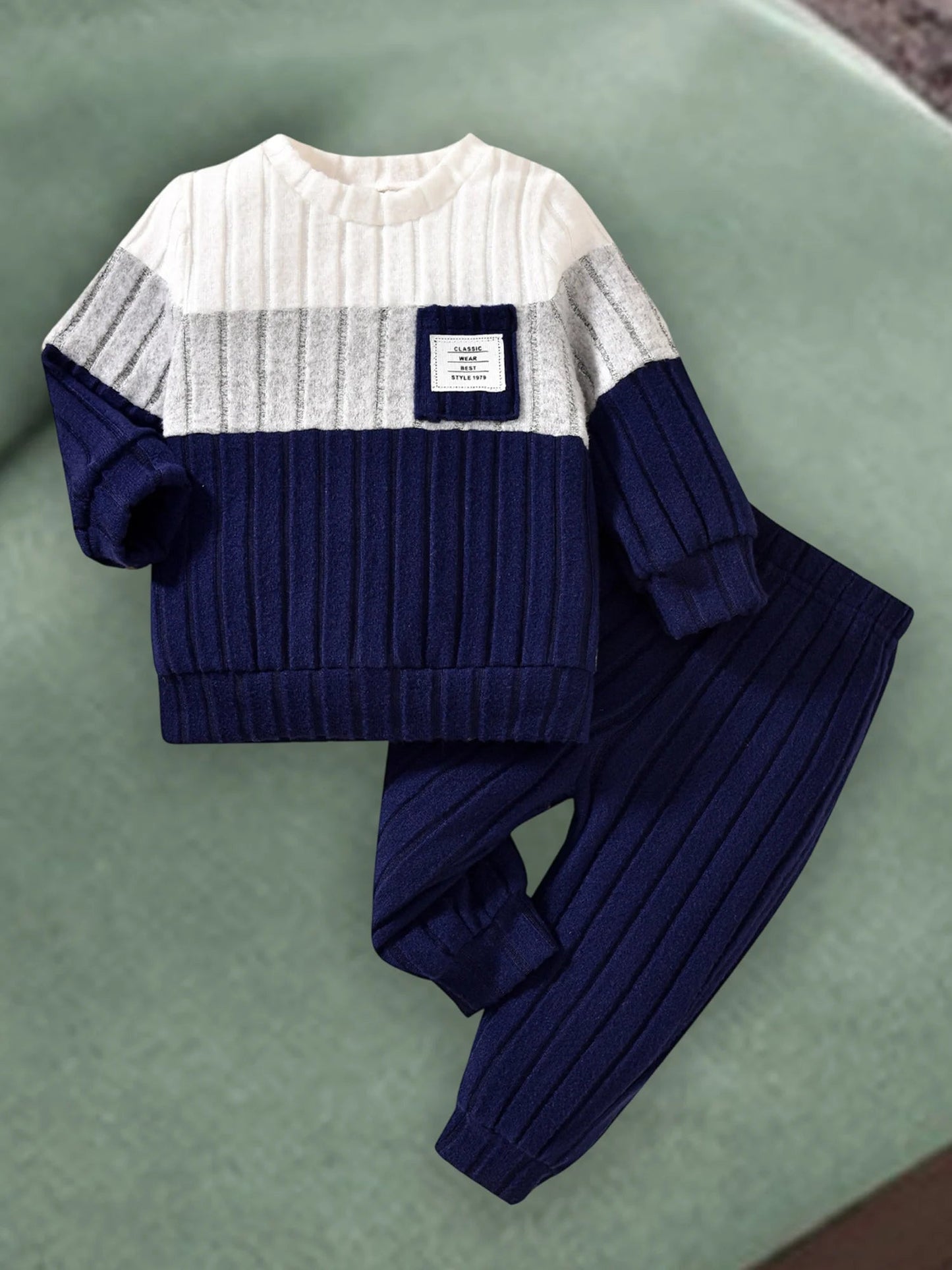 VISgogo 0-3 ans garçons automne 2 pièces ensembles de vêtements à manches longues col rond Patchwork pull couleur unie pantalon MAEJORKEN