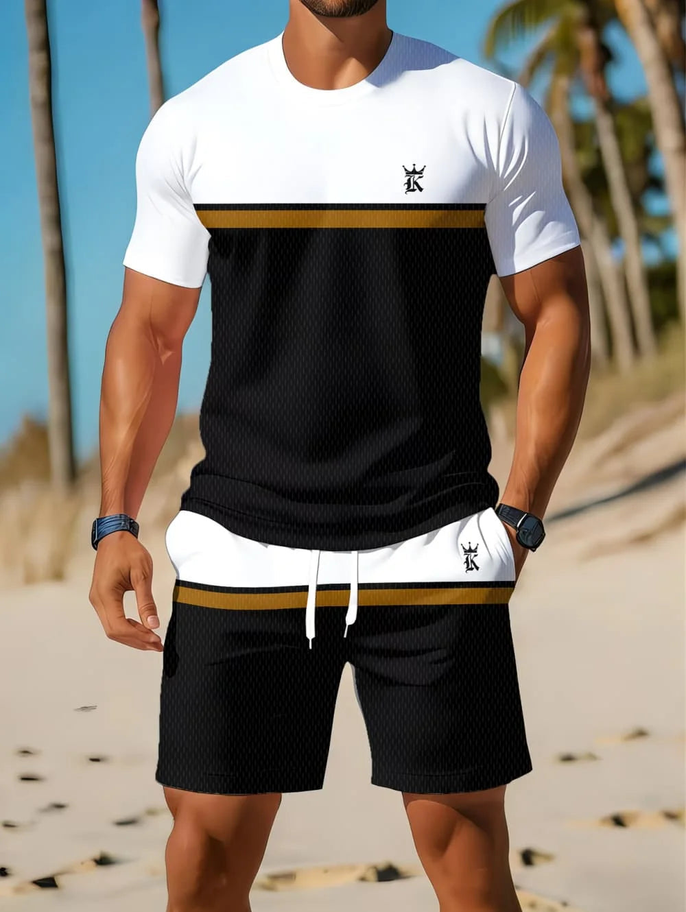 Nouvel Arrivage Été 2026 – Ensemble Décontracté Homme Deux Pièces : Chemise Rayée Imprimée 3D à Manches Courtes et Short de Sport – Ensemble de Fitness pour Homme MAEJORKEN