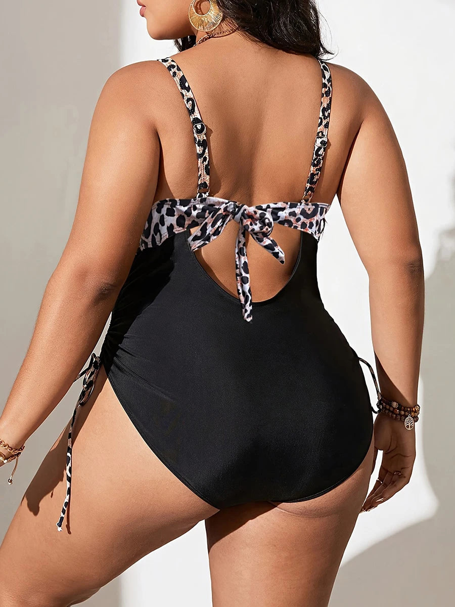 Maillot de bain une pièce grande taille imprimé léopard pour femme, col en V, collection 2026 – Tenue de plage et de natation MAEJORKEN