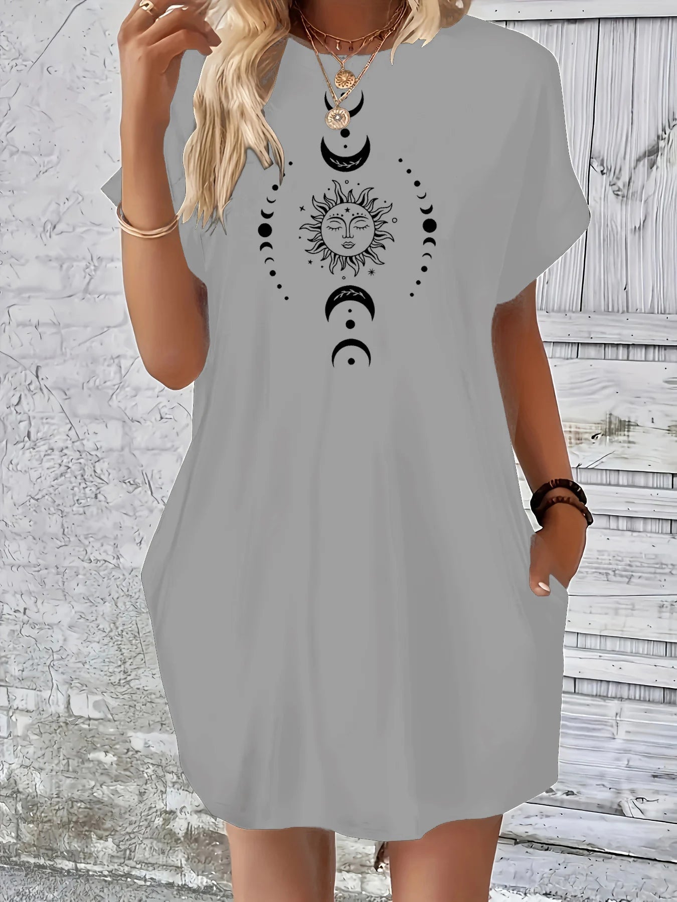 Robe d'été ample pour femmes, motif planète soleil lune imprimé, col rond, manches courtes, poches, confortable, décontractée, grande taille MAEJORKEN