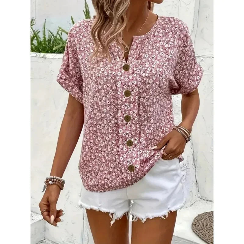 Chemises pour femmes grande taille 2025 printemps été nouvelle mode décontractée impression florale col en v manches courtes Blouses Style coréen vêtements MAEJORKEN