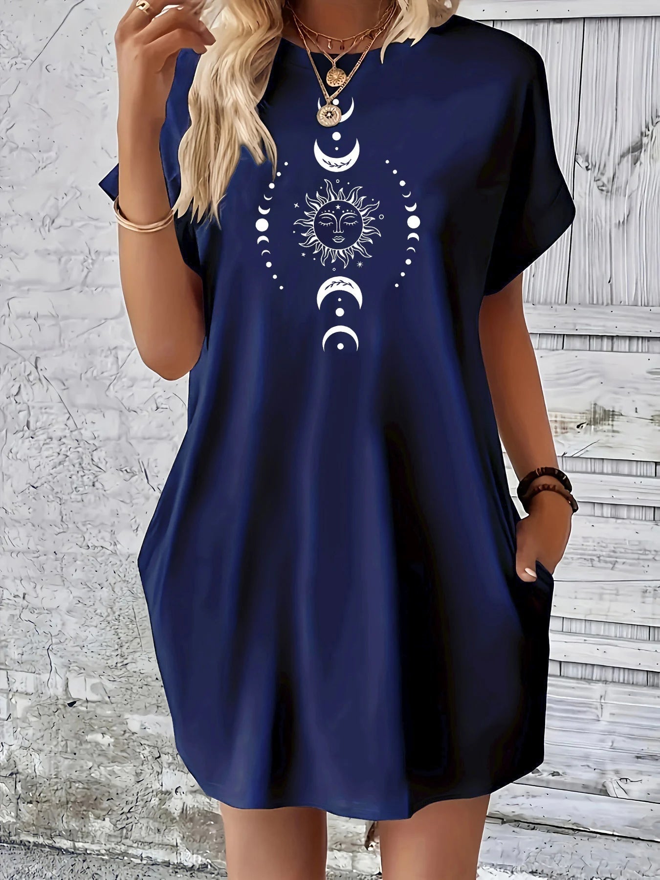 Robe d'été ample pour femmes, motif planète soleil lune imprimé, col rond, manches courtes, poches, confortable, décontractée, grande taille MAEJORKEN