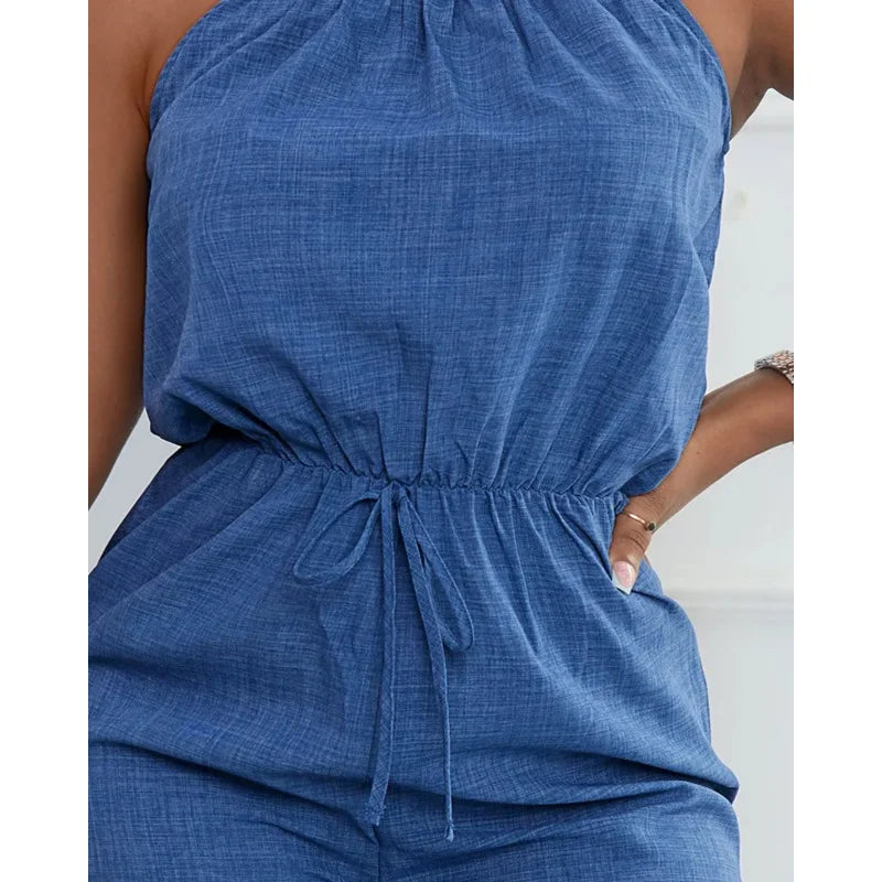 Combinaison décontractée bleue pour femmes, bretelles spaghetti, ceinture à nouer à la taille, idéale pour un usage quotidien, les sorties shopping et les moments de détente à la mode MAEJORKEN