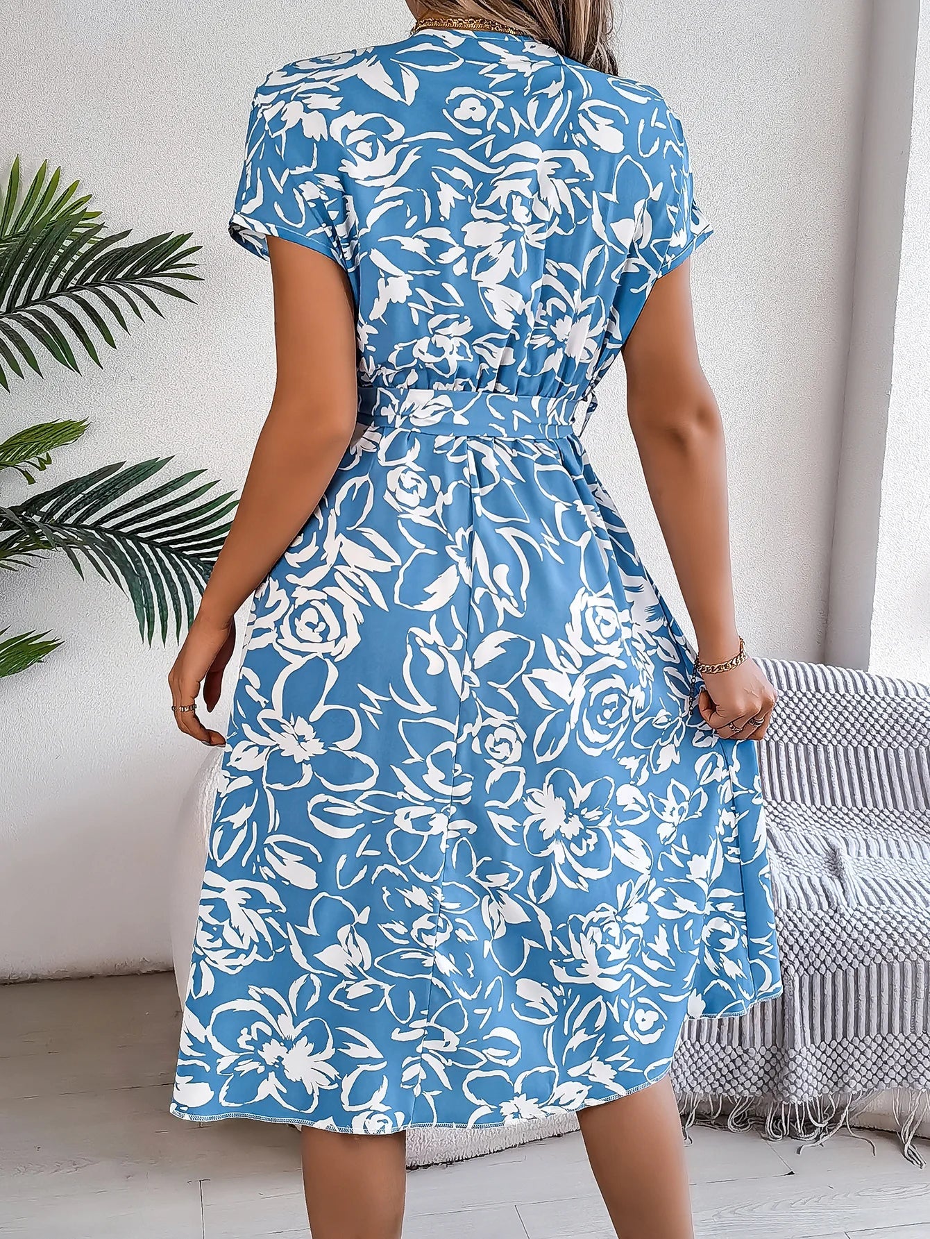 Robes décontractées pour femmes, col en v, boutons, imprimé floral, manches courtes, robe trapèze, printemps été MAEJORKEN