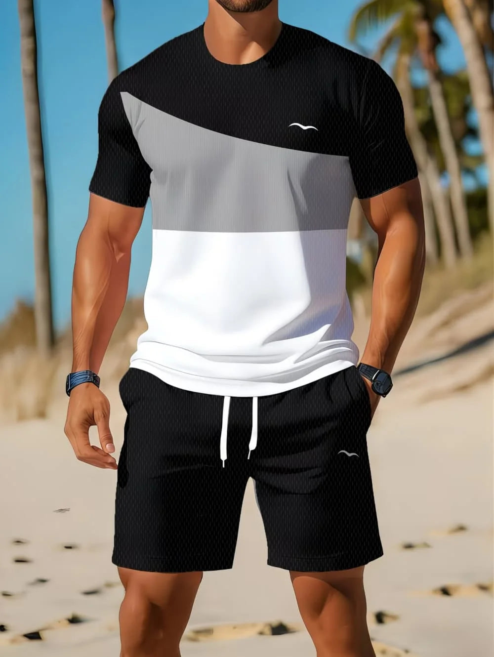 Nouvel Arrivage Été 2026 – Ensemble Décontracté Homme Deux Pièces : Chemise Rayée Imprimée 3D à Manches Courtes et Short de Sport – Ensemble de Fitness pour Homme MAEJORKEN