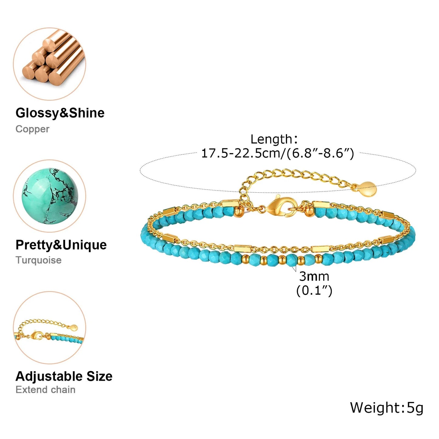 Bracelet turquoise pour femmes, bracelet double rond perlé, cadeau de bijoux plaqué or sans tarjuvenfree MAEJORKEN