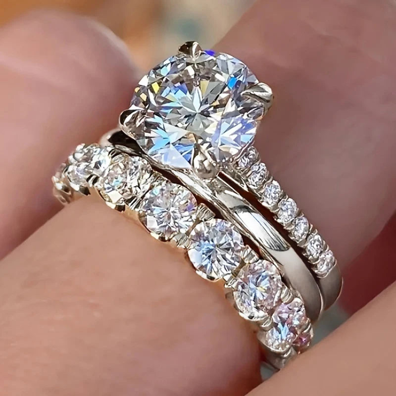 Huitan magnifique 3 pièces ensemble de bagues femme luxe brillant rond zircone doigt bijoux mode couleur or accessoires pour mariage MAEJORKEN