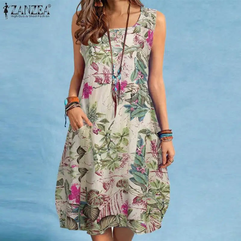 ZANZEA bohème Robe de plage été Vintage imprimé fleuri Robe d'été femmes sans manches genou longueur Robe vacances robes Sarafans MAEJORKEN