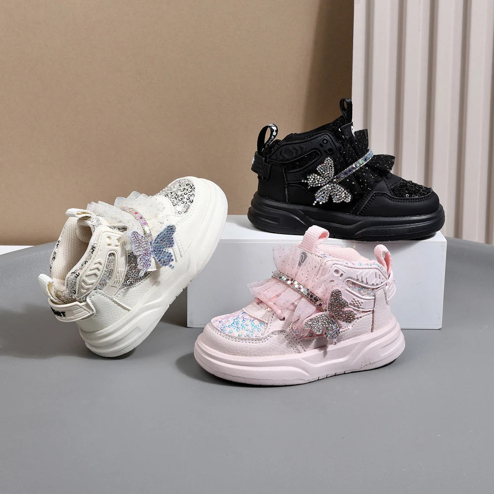 Chaussures d'automne en cuir pour enfants, baskets de Sport pour enfants en bas âge, mignonnes papillons scintillants, semelle souple, à la mode, pour filles, nouvelle collection 2025 MAEJORKEN