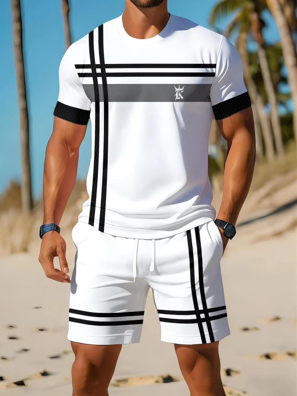 Nouvel Arrivage Été 2026 – Ensemble Décontracté Homme Deux Pièces : Chemise Rayée Imprimée 3D à Manches Courtes et Short de Sport – Ensemble de Fitness pour Homme MAEJORKEN