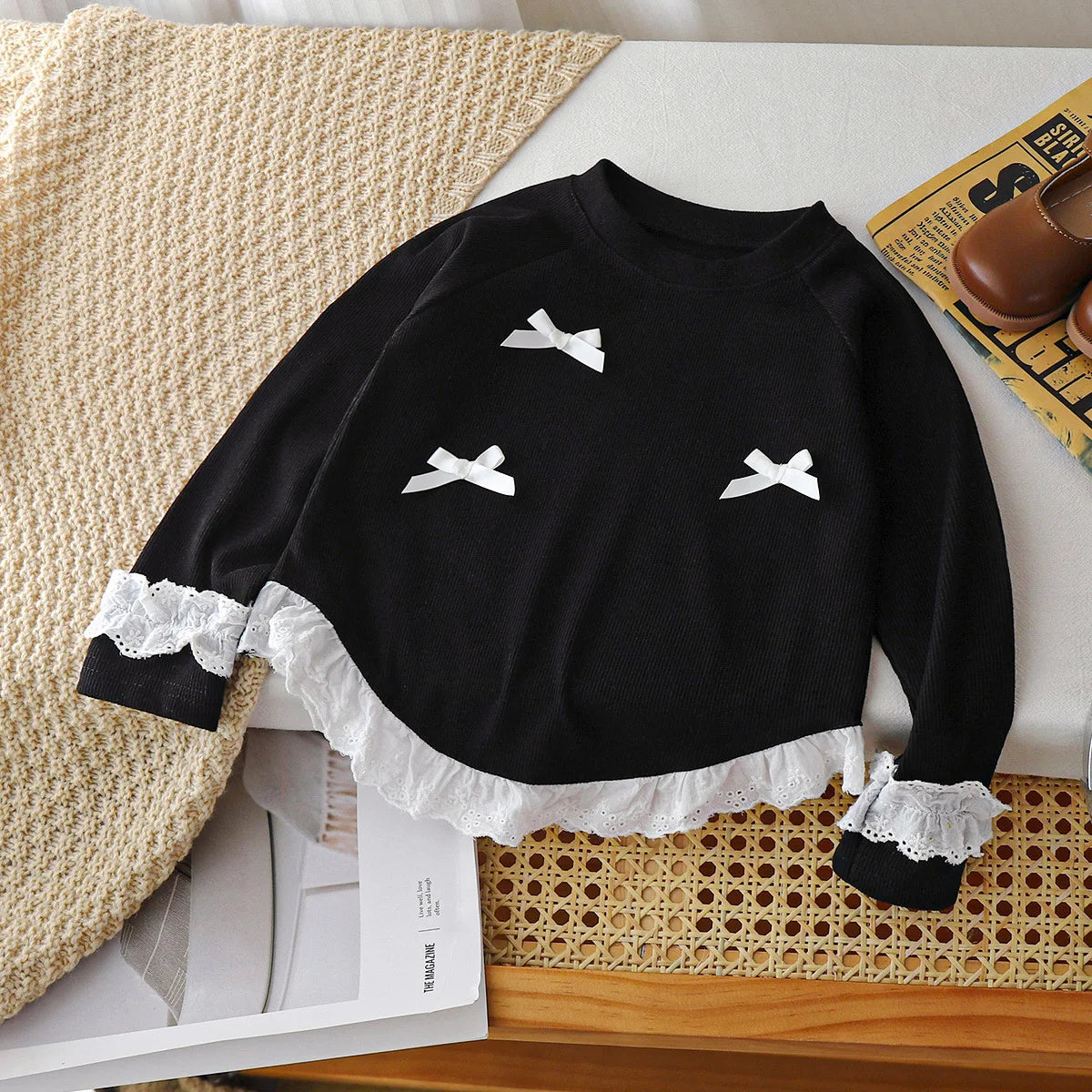 T-shirt à manches longues pour filles, avec nœud en dentelle, Style coréen, chemise inférieure de printemps pour enfants, nouvelle collection automne MAEJORKEN
