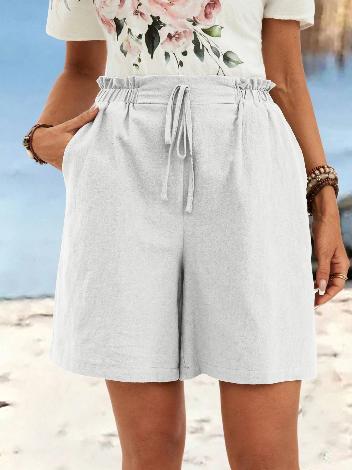 Short en lin de couleur unie pour femmes, short de sport décontracté, pantalon trois-quarts avec cordon de serrage, printemps et été MAEJORKEN
