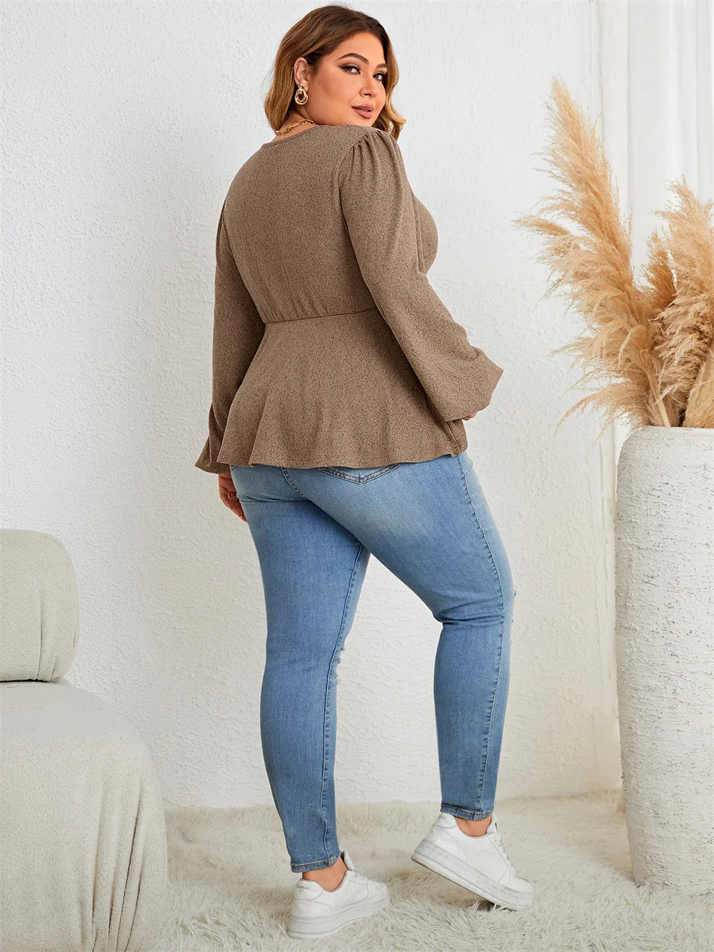 Haut péplum à col en V tunique vintage, manches lanterne du XL au 4XL