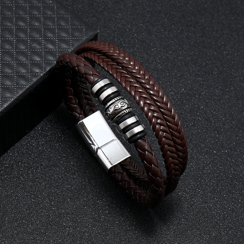 Bracelets en cuir tendance pour hommes, en acier inoxydable, corde tressée multicouche de 21CM, bijoux cadeaux MAEJORKEN