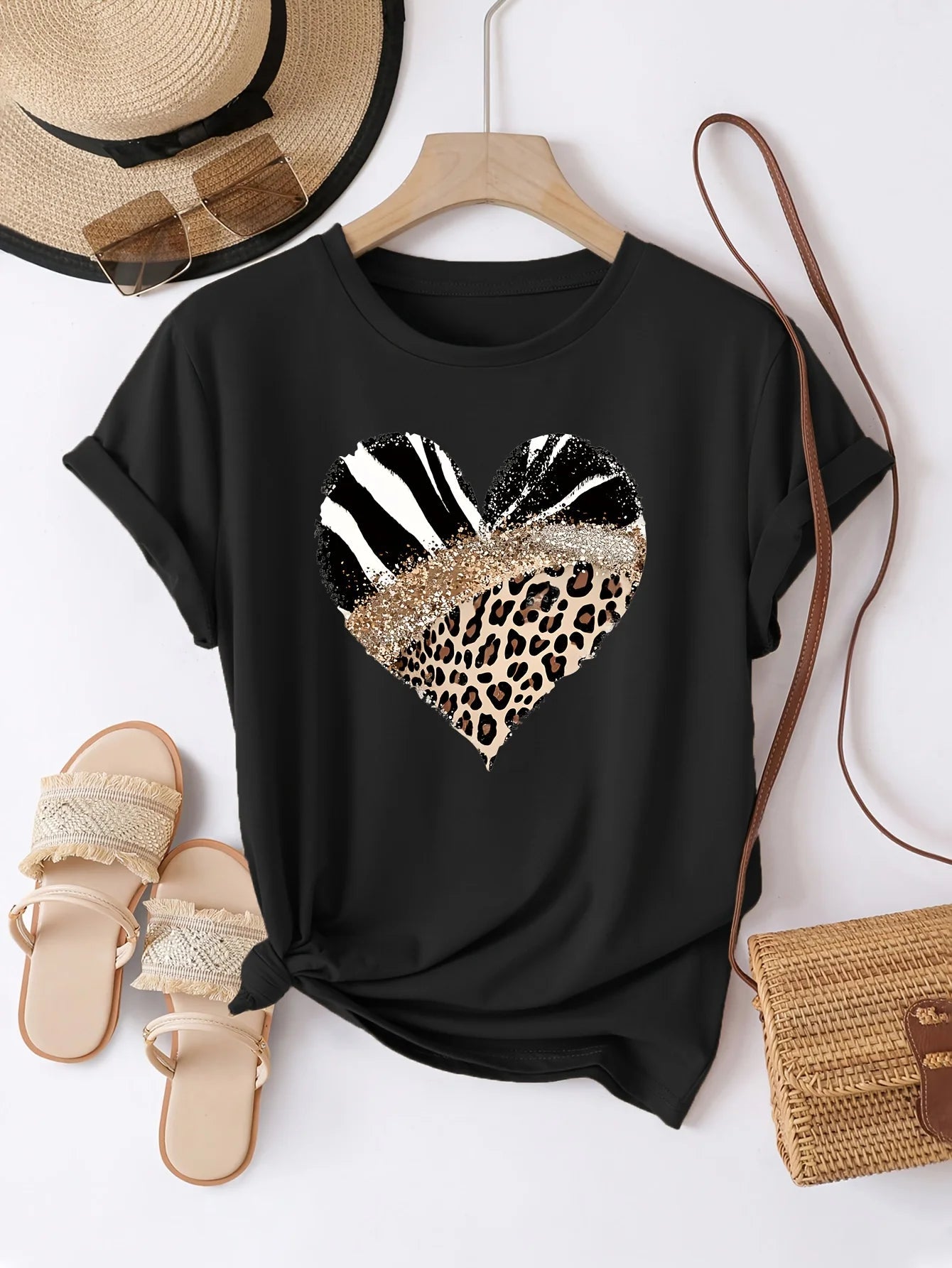 Femmes décontracté à manches courtes avec imprimé léopard zèbre rayure coeur Design paillettes Accent haut décontracté Harajuku manches courtes décontracté MAEJORKEN