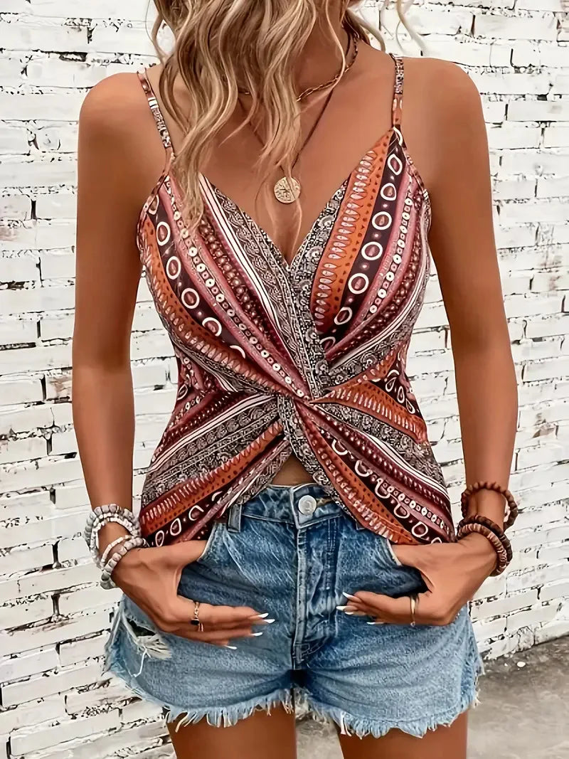 Haut camisole sexy à col en v pour femmes, imprimé chaîne devant torsadé dans le dos, en tissu polyester avec motif spaghetti MAEJORKEN