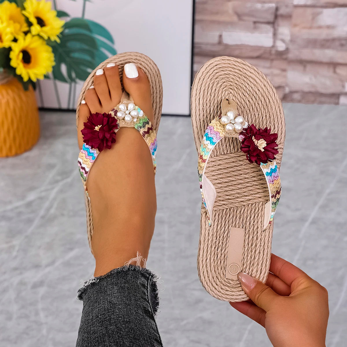 Femmes mode tendance étamines étudiant vacances plage léger antidérapant résistant à l'usure pantoufles plates tongs MAEJORKEN