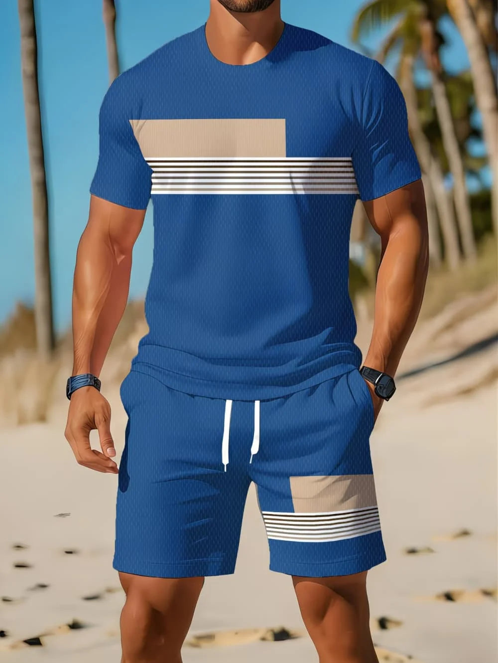 Nouvel Arrivage Été 2026 – Ensemble Décontracté Homme Deux Pièces : Chemise Rayée Imprimée 3D à Manches Courtes et Short de Sport – Ensemble de Fitness pour Homme MAEJORKEN