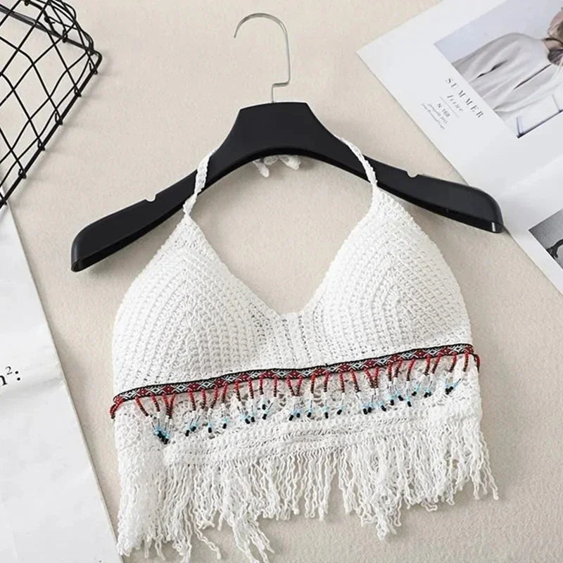 Soutien gorges de maillot de bain de plage sexy pour femmes, dos nu, col licou, crochet, tricot,  glaçure creuse, pompon, haut précieux MAEJORKEN