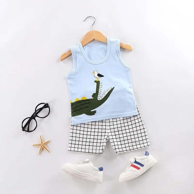 Vêtements pour mères et enfants, en coton imprimé, T-shirt, gilet, hauts et shorts, ensembles pour garçons et filles, mignons et respirants, été MAEJORKEN