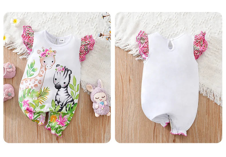 Vêtements pour nouveau-nés, imprimé cerf tacheté de dessin animé, confortable et doux, combinaison d'été à manches volantes pour bébé fille MAEJORKEN