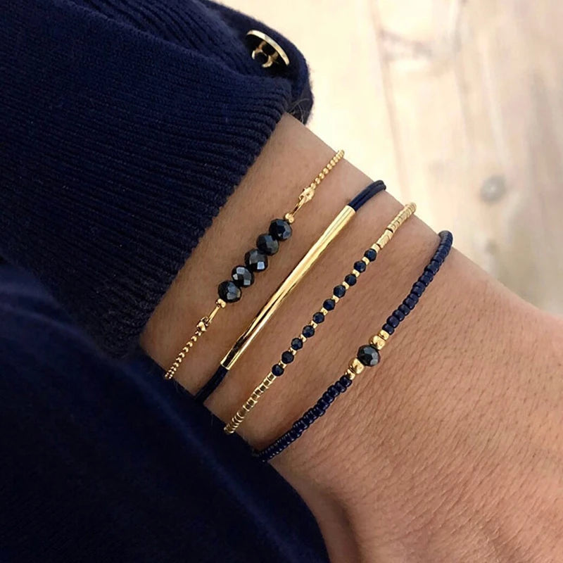 Ensemble de bracelets en pierre de verre noir fait à la main pour femmes MAEJORKEN