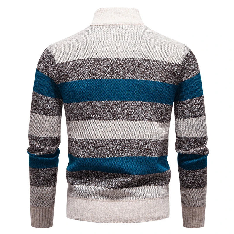 2025 automne hiver tricot pulls hommes Patchwork rayé mode col montant tirer sur tricoté pull homme épais chaud tricots MAEJORKEN