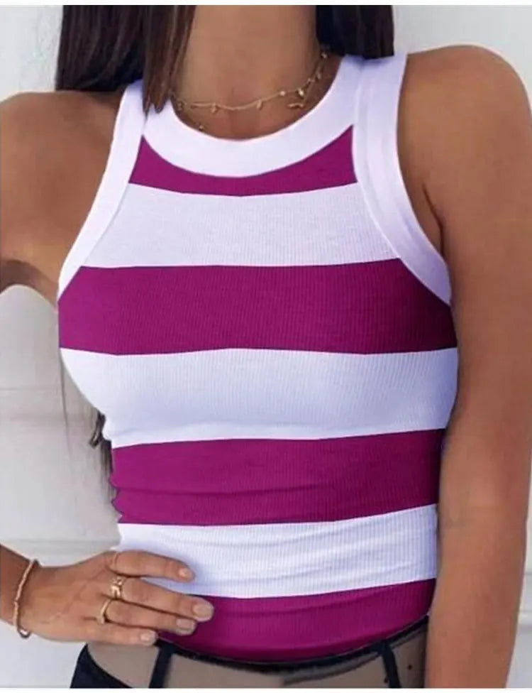 Débardeur élastique de base d'été T-shirt d'impression numérique femmes col rond dos nageur débardeur Sexy imprimé à rayures débardeur sans manches MAEJORKEN