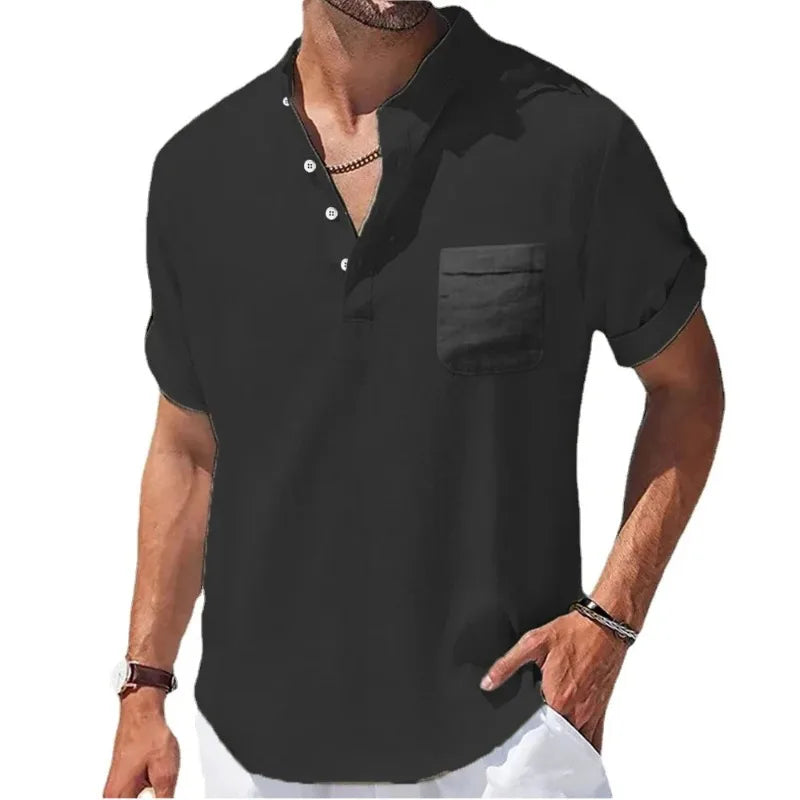 Nouveaux hommes à manches courtes respirant T-shirts été couleur unie chemises de poche de base pour hommes surdimensionné demi bouton lin Streetwear MAEJORKEN