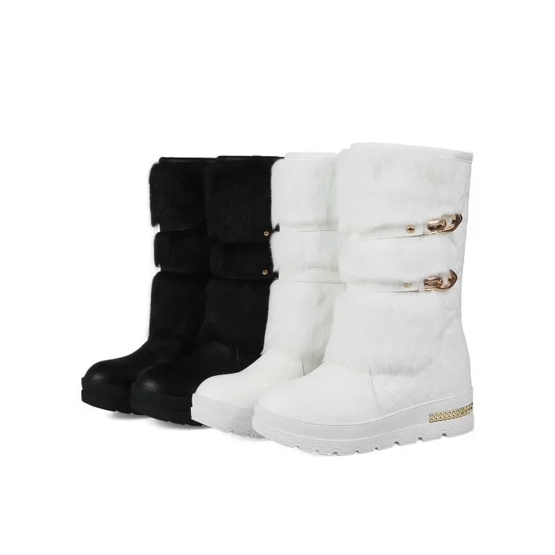 Bottes de neige à fond plat pour femmes, bottes en laine à tube moyen suréWer, chaussures en coton avec grande ceinture, bottes en velours pour femmes, hiver MAEJORKEN