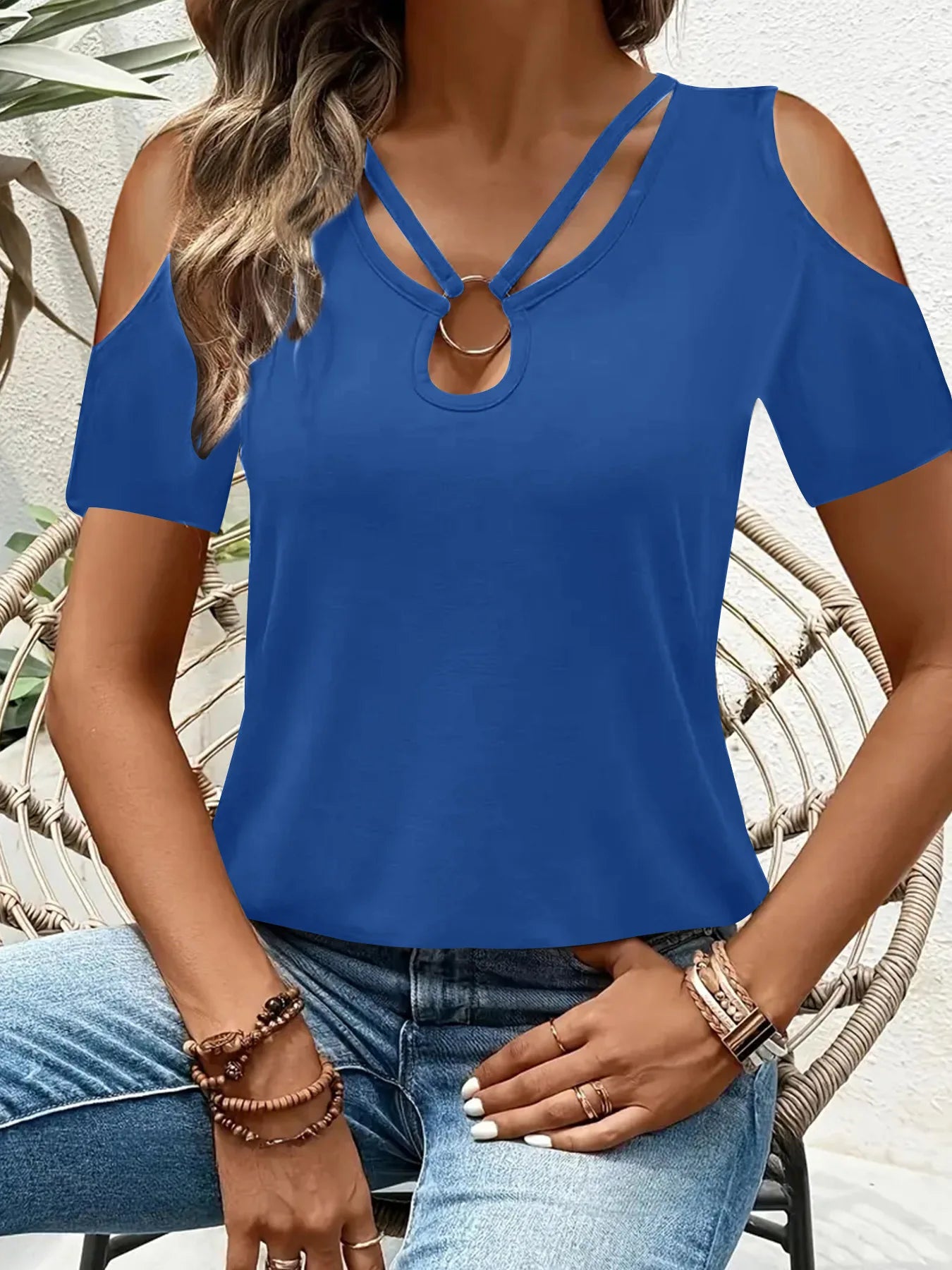 T-shirt à manches courtes décontracté épaules nues col en V couleurs unies du S au 2XL