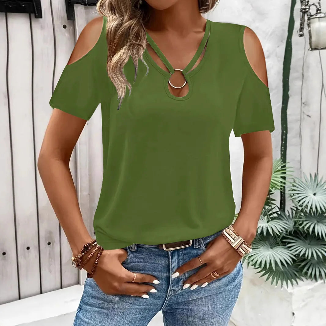T-shirt à manches courtes décontracté épaules nues col en V couleurs unies du S au 2XL