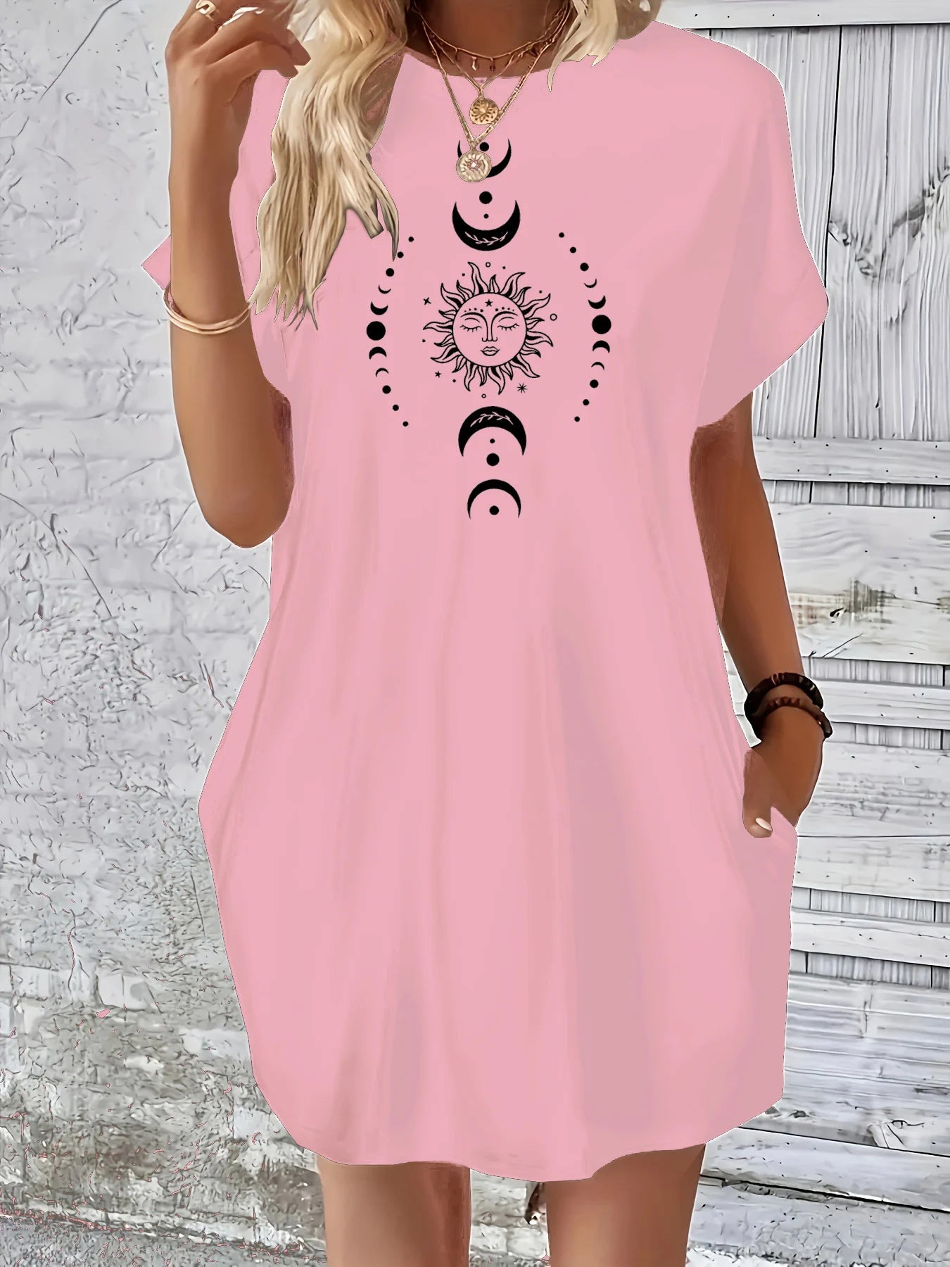 Robe d'été ample pour femmes, motif planète soleil lune imprimé, col rond, manches courtes, poches, confortable, décontractée, grande taille MAEJORKEN