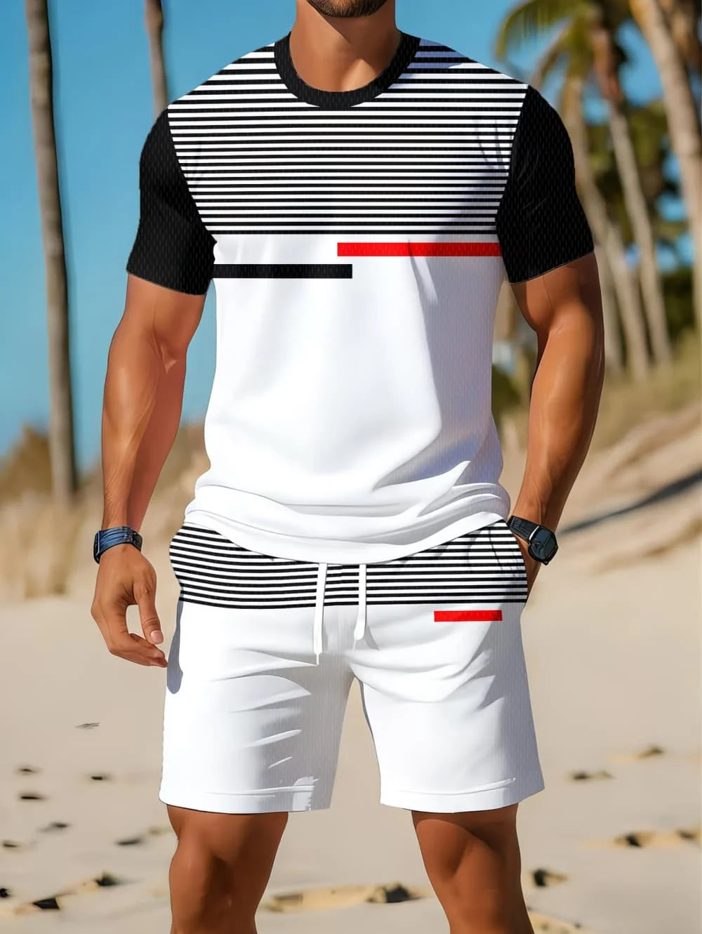 Nouvel Arrivage Été 2026 – Ensemble Décontracté Homme Deux Pièces : Chemise Rayée Imprimée 3D à Manches Courtes et Short de Sport – Ensemble de Fitness pour Homme MAEJORKEN