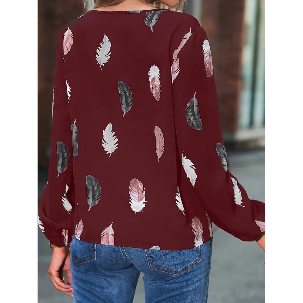 Mode femme Blouse chemises pour femmes haut élégant à manches longues motif de plumes femmes hauts élégant en mousseline de soie Mujer femme vêtements MAEJORKEN