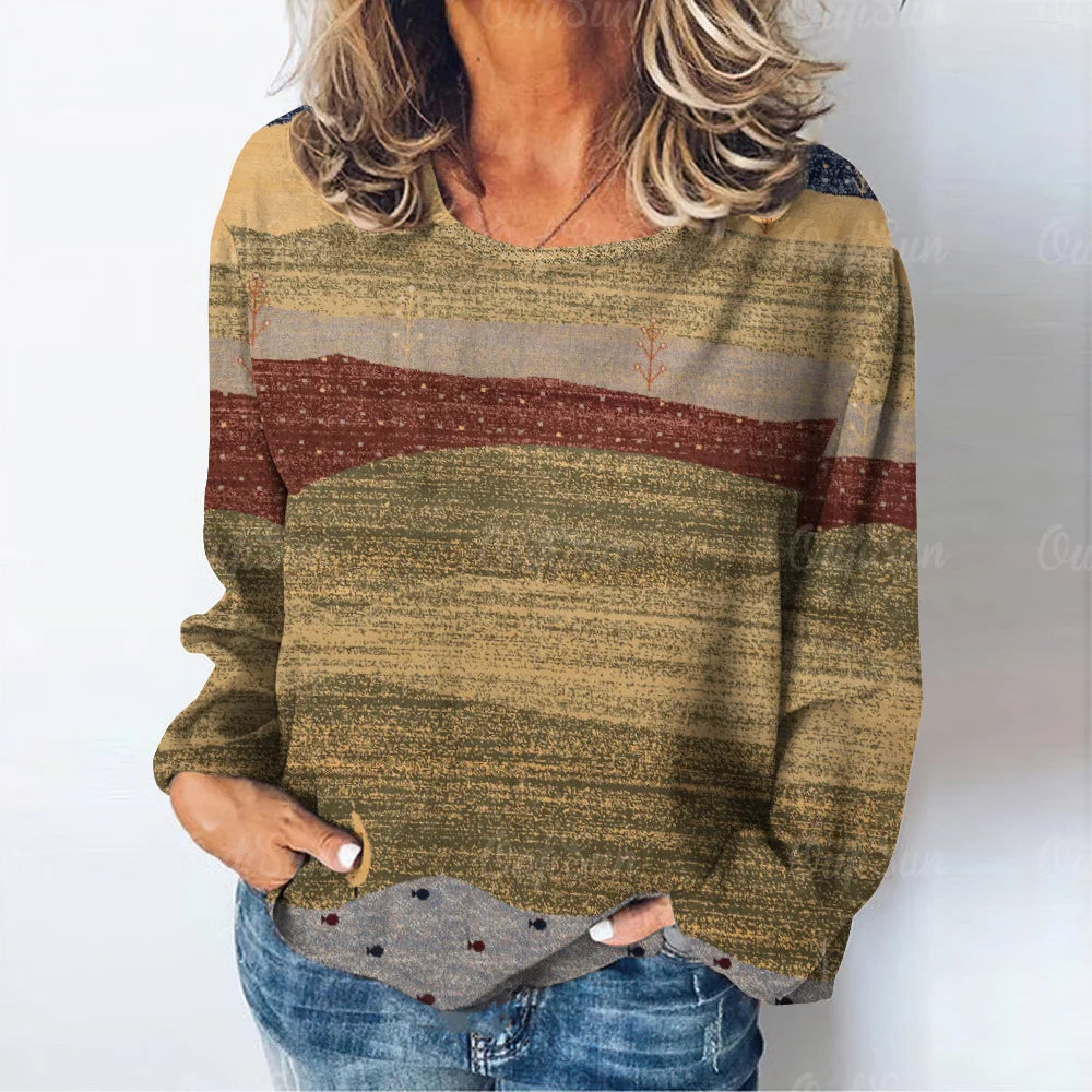 T-shirt à manches longues imprimé paysage naturel pour femmes, vêtements décontractés pour femmes, mode rétro, Y-03/adt MAEJORKEN