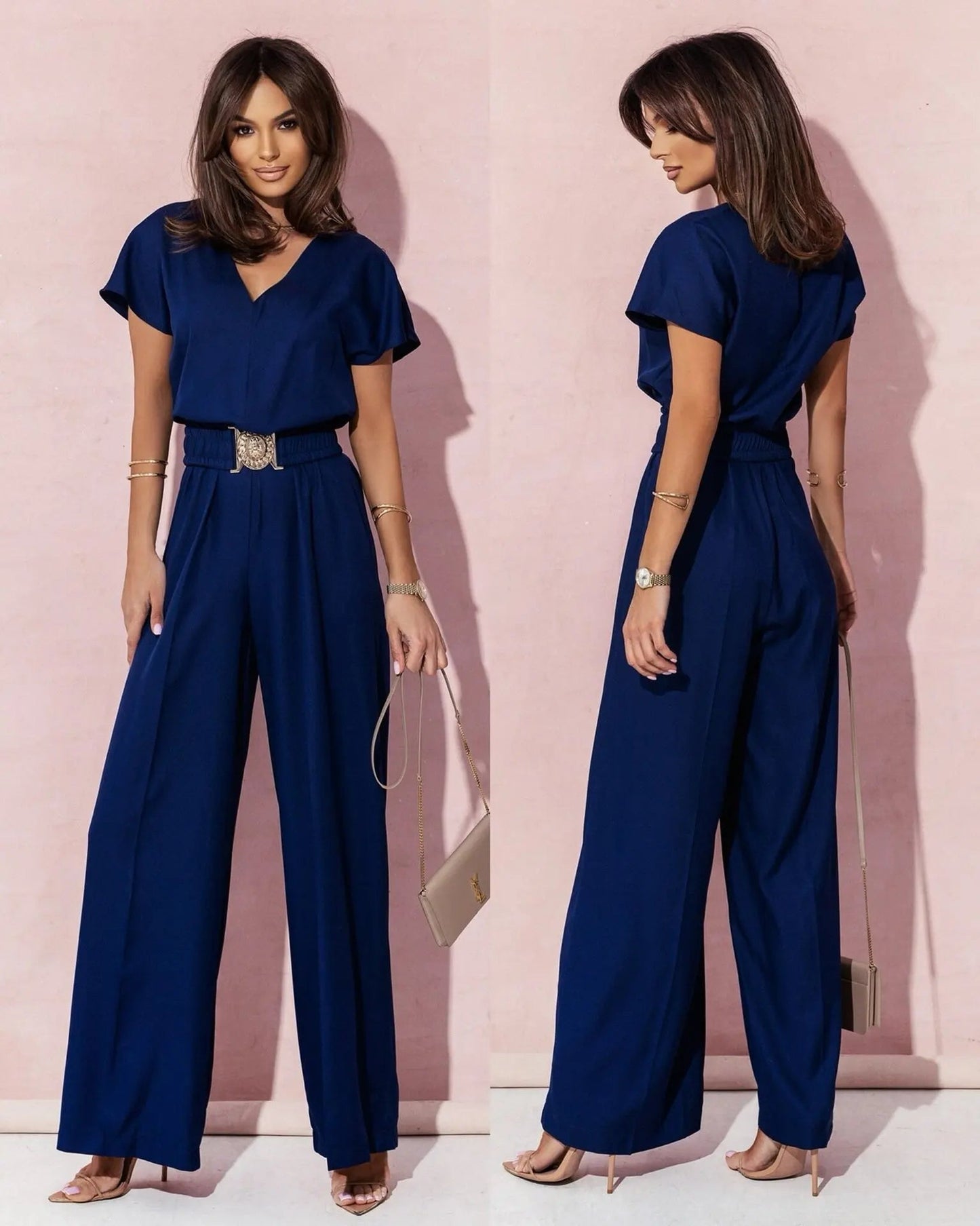 Mode col en v manches courtes taille haute combinaison femmes 2024 été solide jambe large élégant barboteuse Vintage combinaisons salopette femmes MAEJORKEN