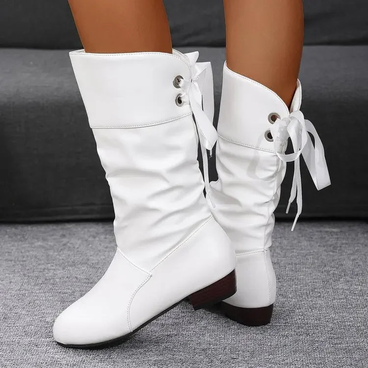 Chaussures pour femmes 2025 printemps genou bottes hautes rouge noir blanc bottes hautes femme plissé talon bas décontracté en cuir femme chaussures longues MAEJORKEN