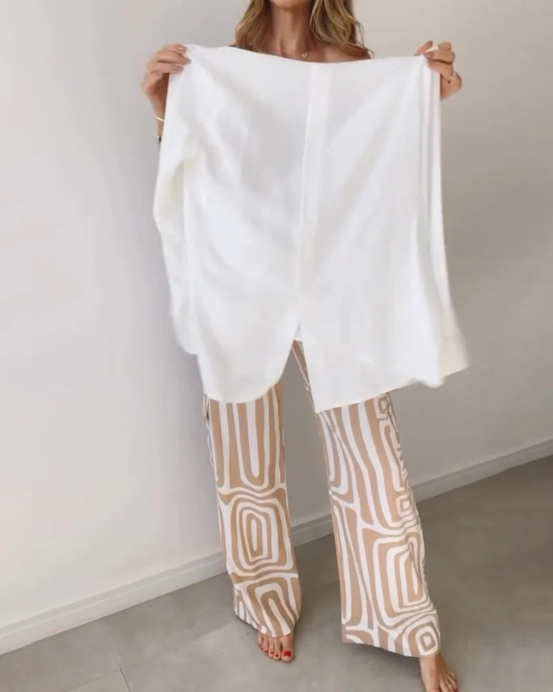 Ensemble élégant décontracté couleur unie taille élastique pantalon imprimé du S au 3XL
