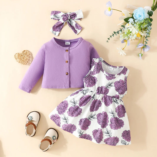 Ensemble 3 pièces robe et veste à manche longue avec nœud pour bébé filles du 6 mois au 3 ans
