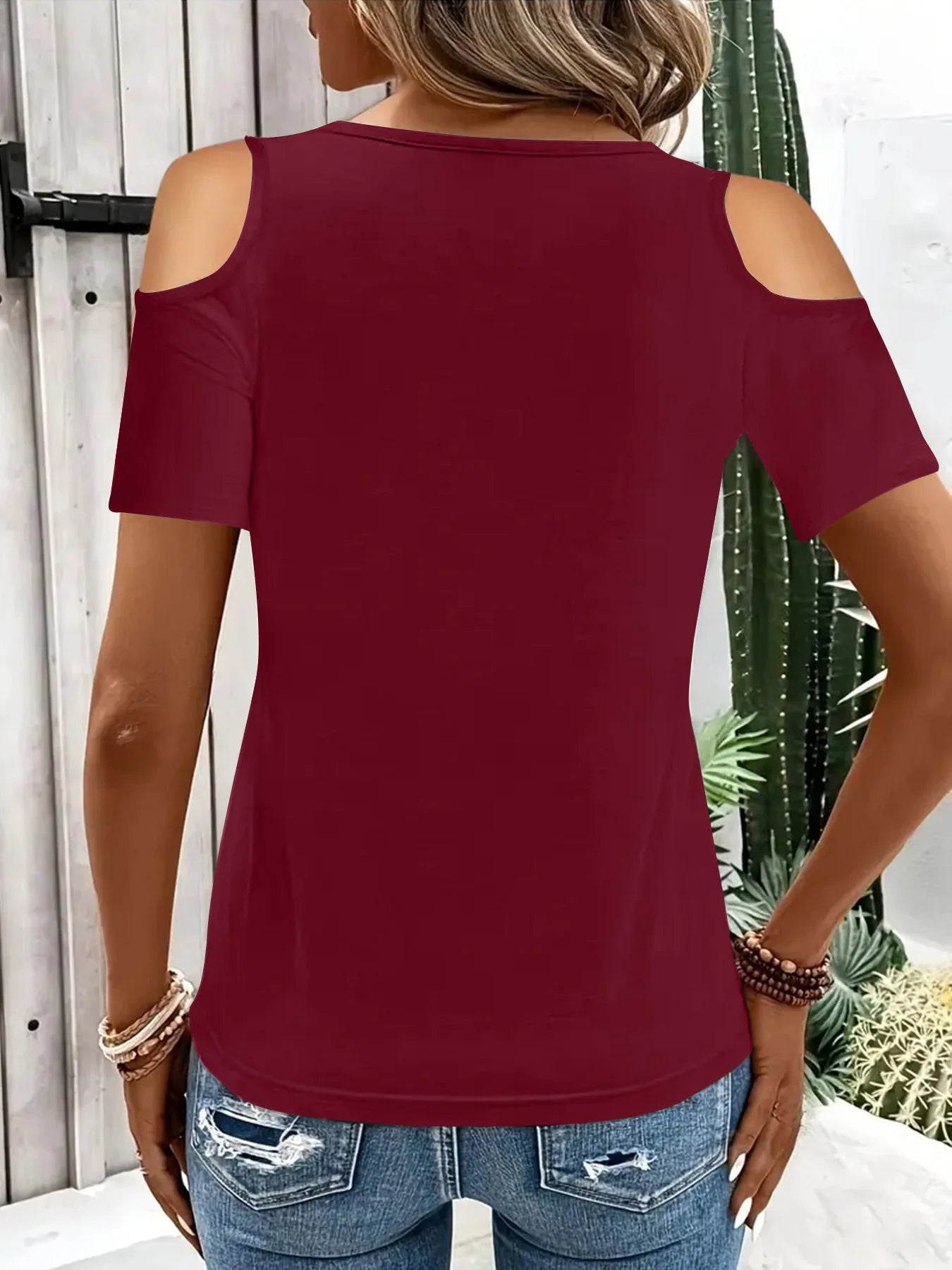 T-shirt à manches courtes décontracté épaules nues col en V couleurs unies du S au 2XL